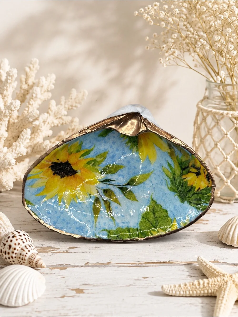 Hand-Painted Sunflower Shell Décor Bowl - Blue and Yellow
